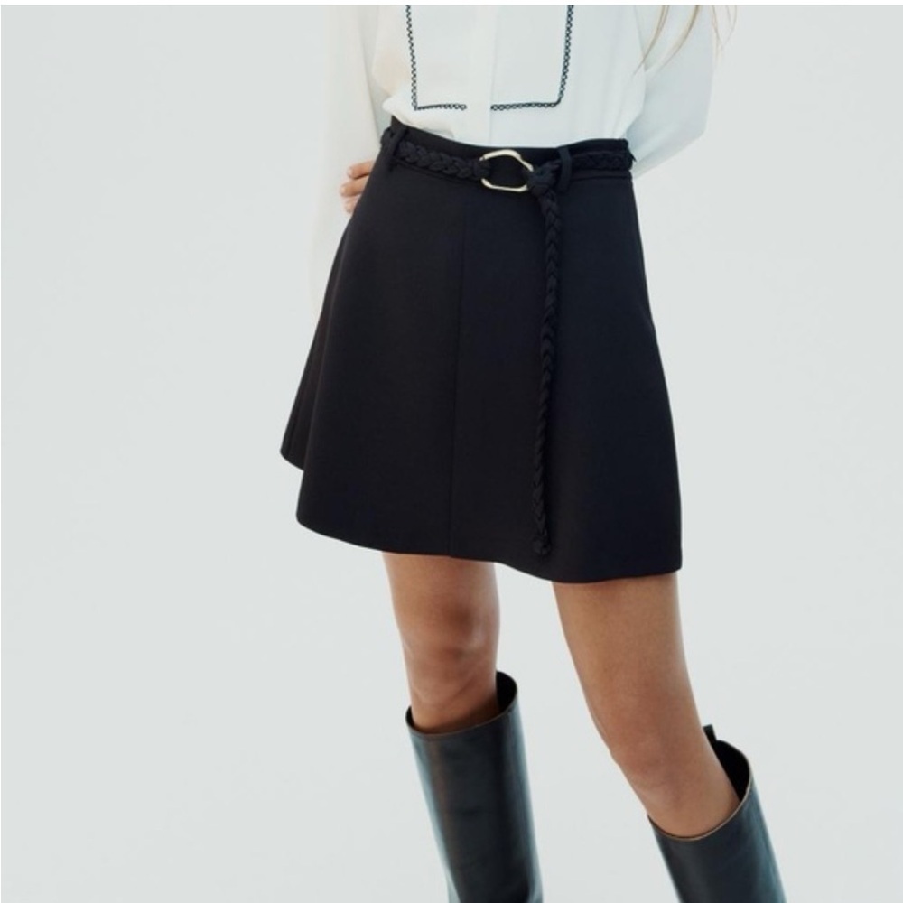 Zara Black Braided Belted Mini Skirt small